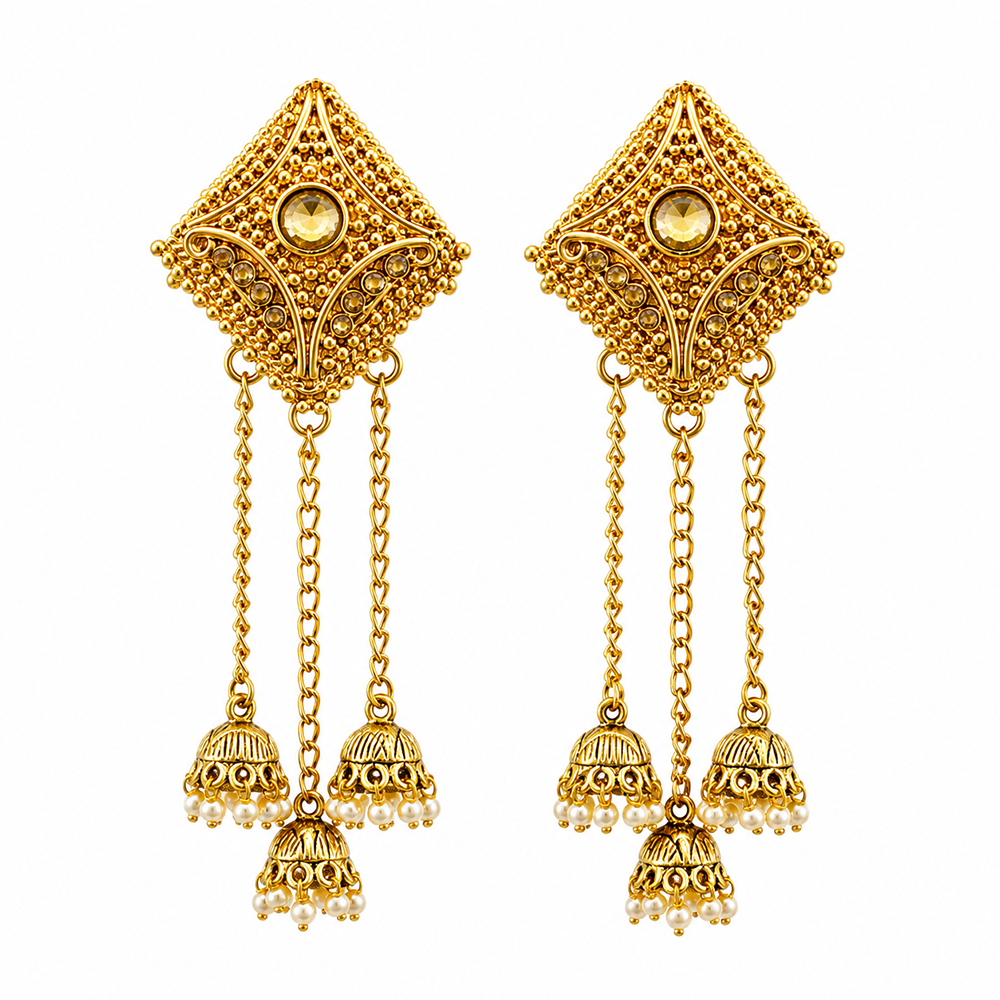 Urthn Festive Gold Plated Chain Kashmiri  Jhumki Earrings with Austrian Stone & Pearl(Pack of 3)