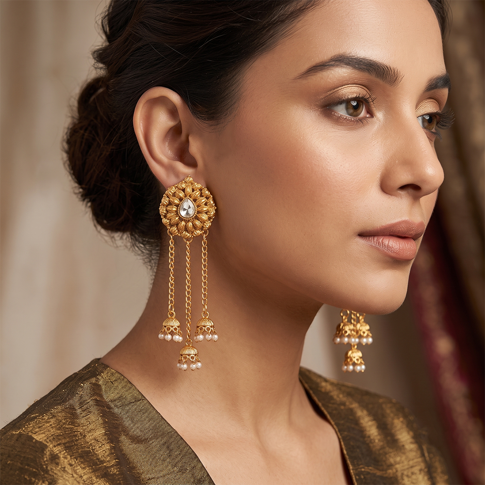 Urthn Traditional Gold Plated Pearl Chain Jhumki Earrings for Women