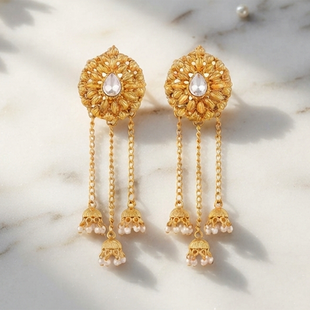 Urthn Traditional Gold Plated Pearl Chain Kashmiri  Jhumki Earrings for Women(Pack of 3)
