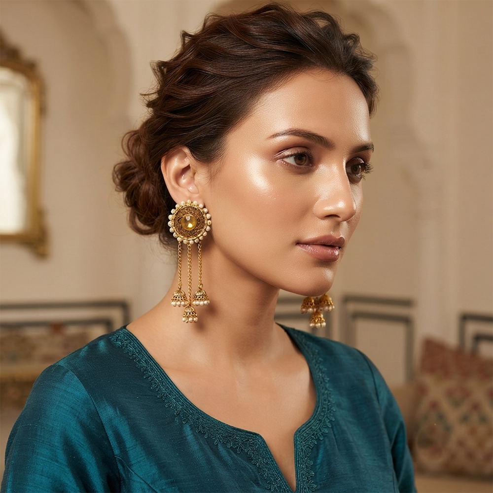 Urthn Gold Plated Austrian Stone & Pearl Kashmiri Jhumki Dangler Earrings for Women(Pack of 3)