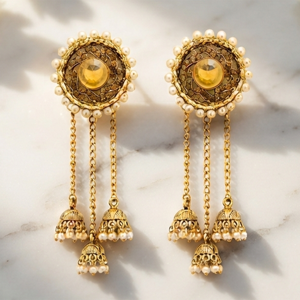 Urthn Gold Plated Austrian Stone & Pearl Chain Jhumki Dangler Earrings for Women