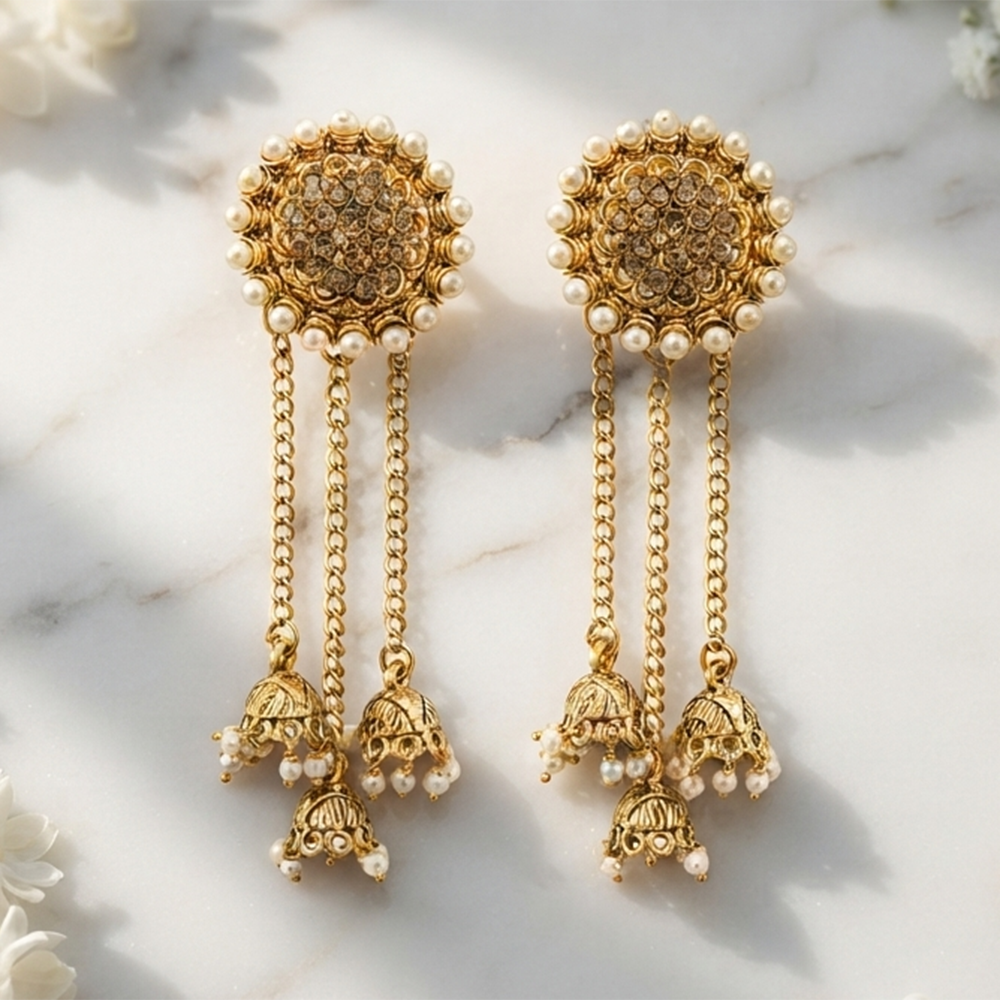 Urthn Fashion Gold Plated Austrian Stone Kashmiri  Jhumki Drop Earrings(Pack of 3)