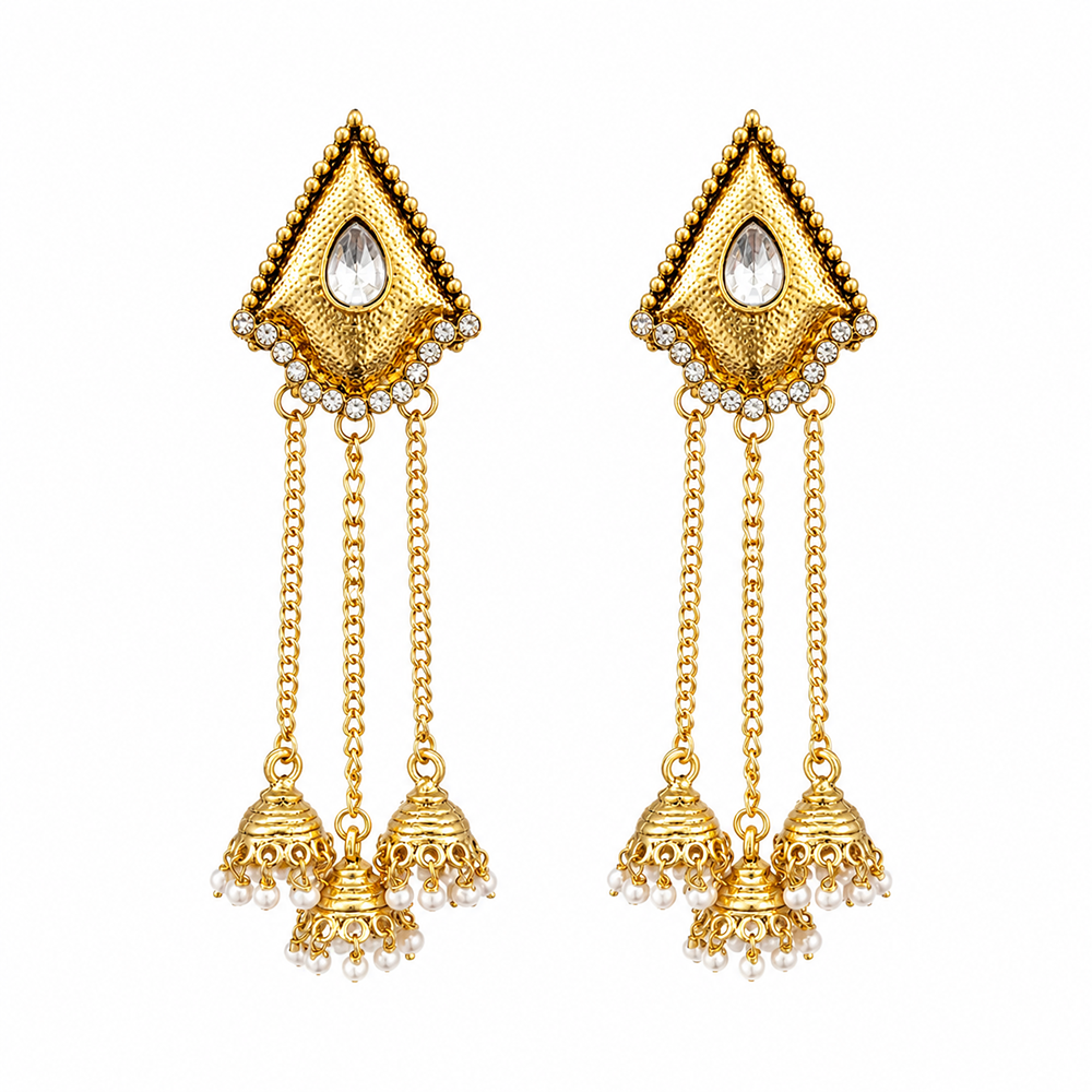 Urthn Ethnic Gold Plated Kashmiri Jhumki Earrings with Austrian Stone & Pearl(Pack of 3)
