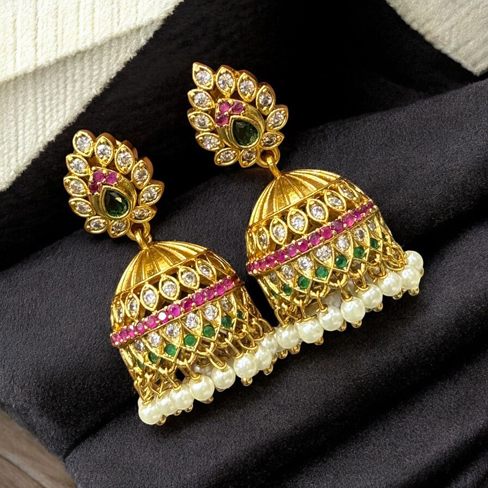 Sona Covering Festive Designer Jhumkis with Filigree Work and Hanging Pearls 