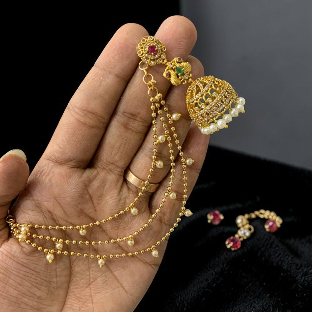 Sona Covering Premium Austrian Stone And Pota Stone Pearl Jhumki Earrings  With Kanchain