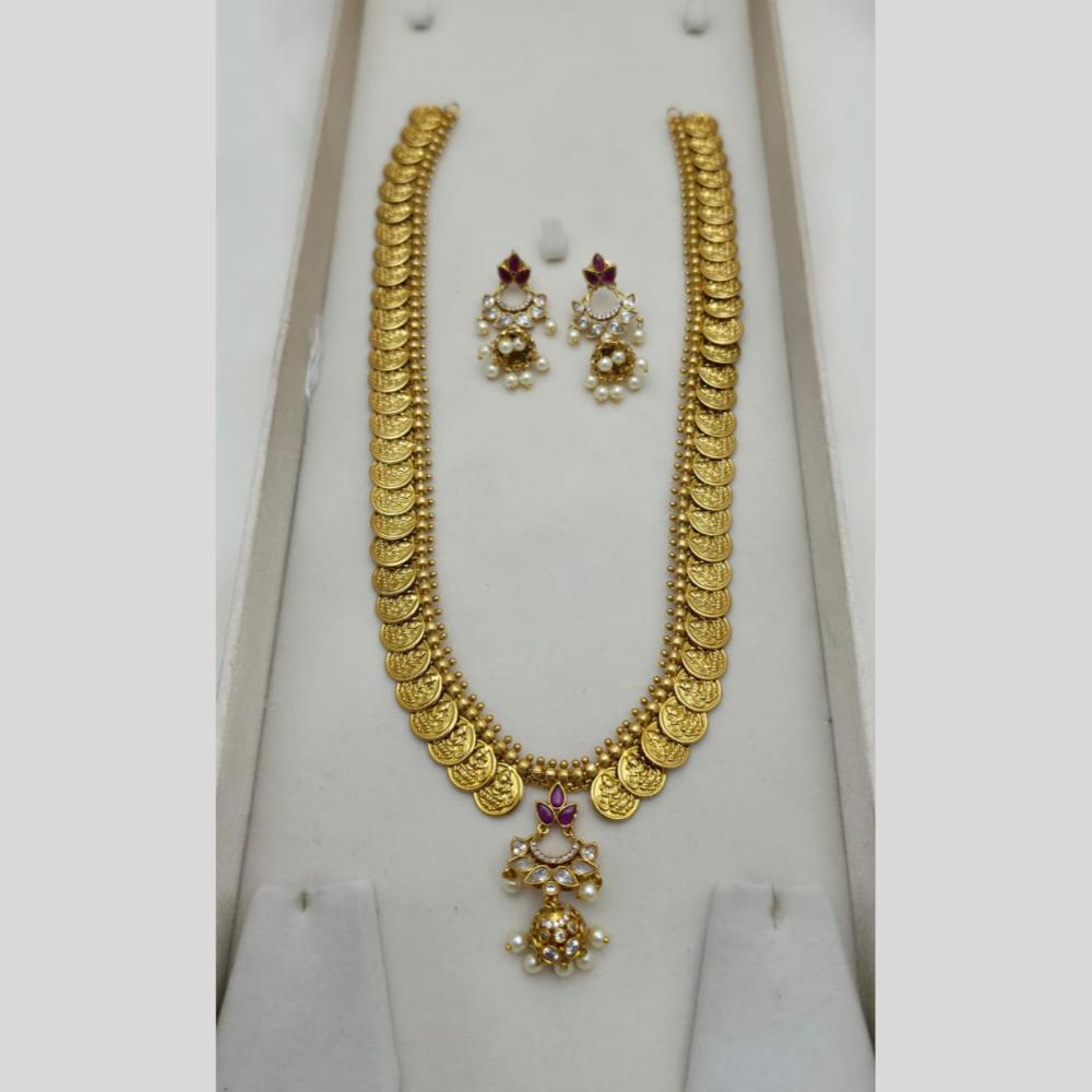 Sona Covering Glamorous Crystal Stone And Pearl Temple Long Necklace Set