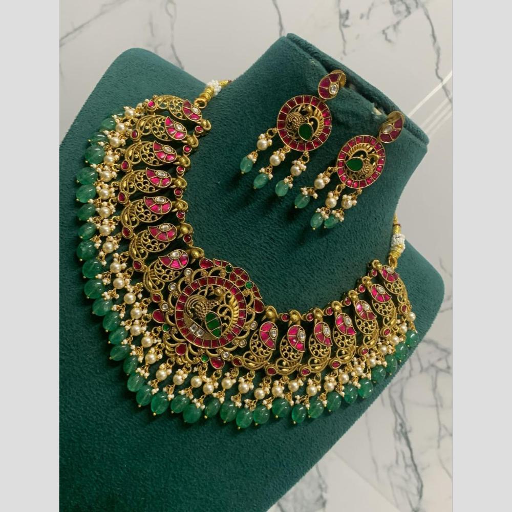 Sona Covering Glamorous Jadau Pota Stone Pearl  And Beads Peacock Designe Necklace Set
