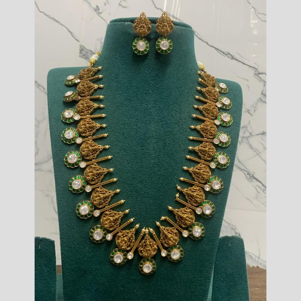 Sona Covering Jadau Gold Plated Pota Stone And Pearl Temple Long Necklace Set