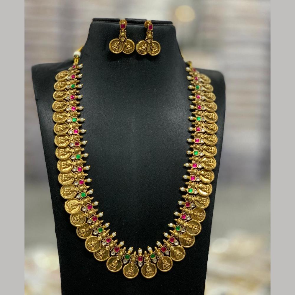 Sona Covering Gold Plated  Jadau Pota Stone And Pearl Temple Long Necklace Set