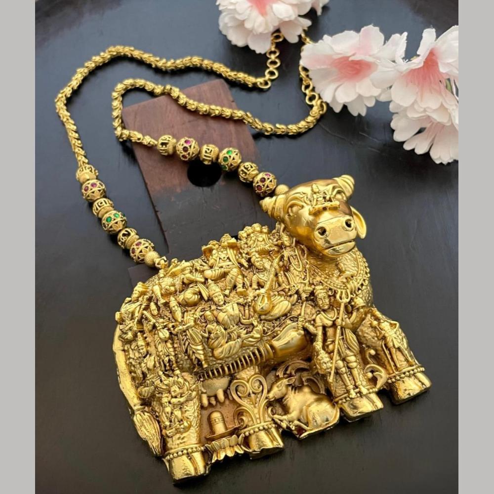 Sona Covering Gold Plated  Jadau Pota Stone And Pearl Temple Long Necklace Set