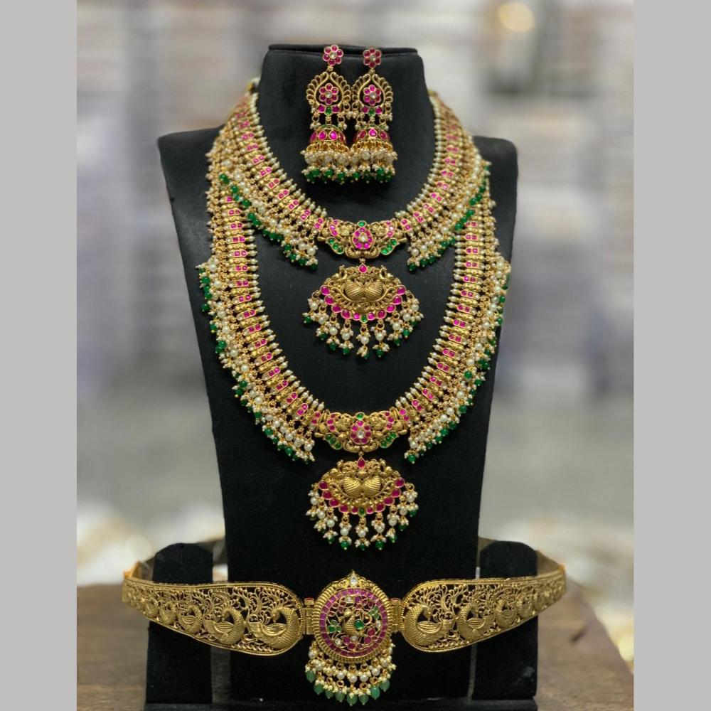Sona Covering Jadau Pota Stone Pearl And Beads Luxurious Double Necklace Set With Kamarband