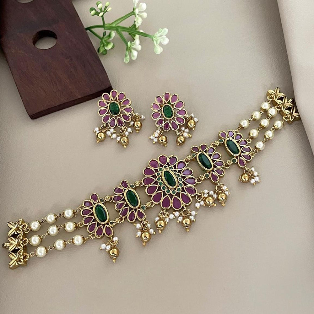 Sona Covering Delicate Pota Stone And Pearl Choker Necklace Set