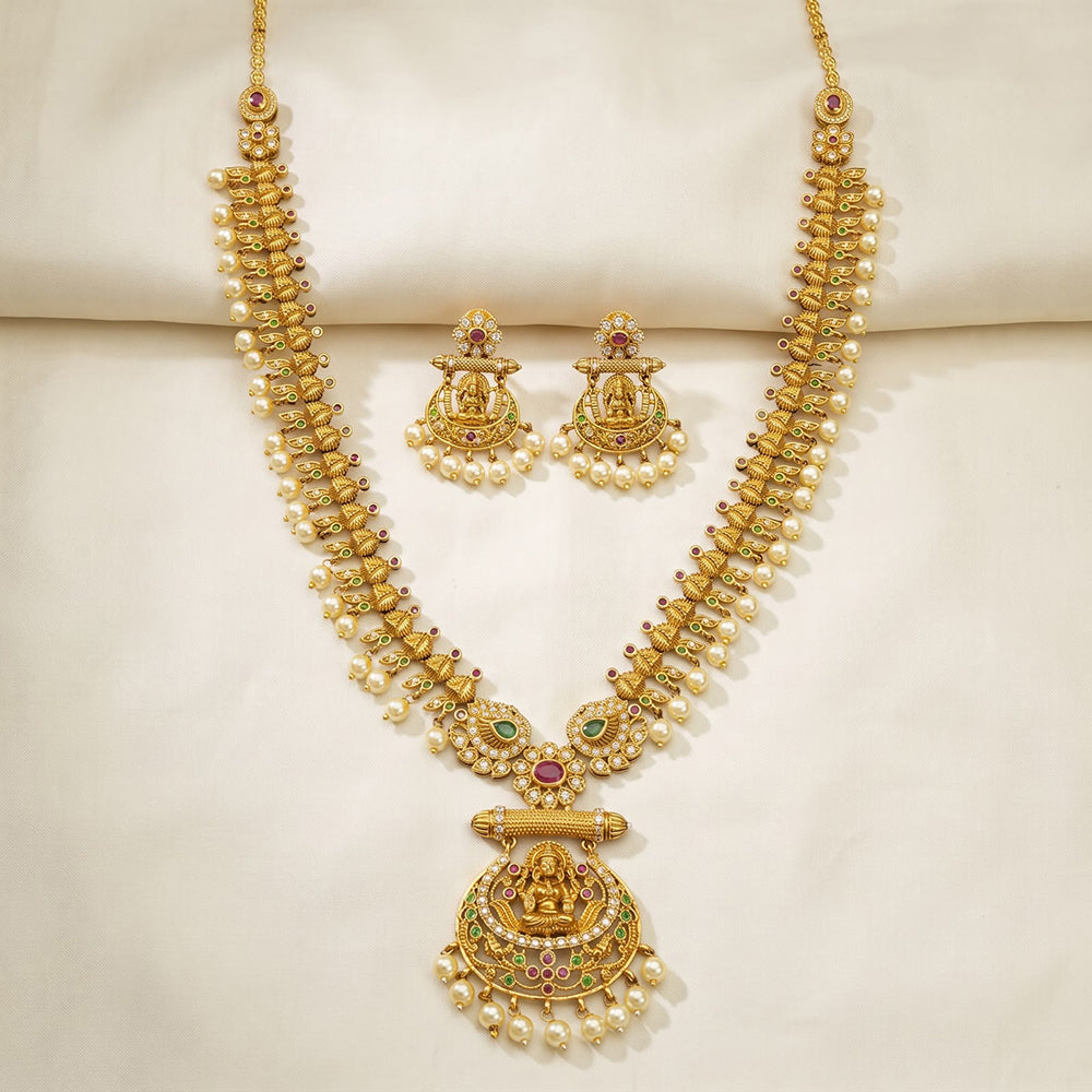 Sona Covering Elegant Pota Stone And Beads Temple Necklace Set