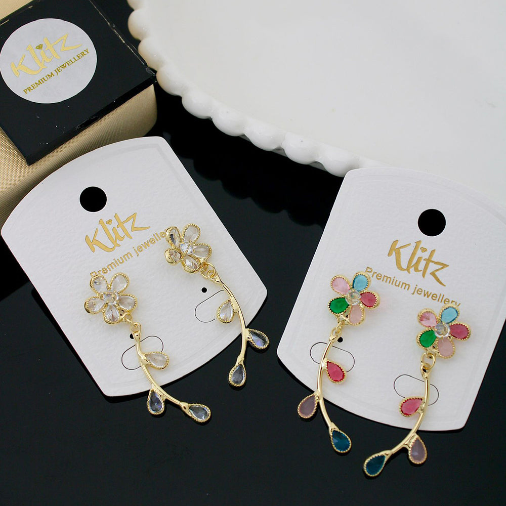 Klitz Shimmering Crystal Stone Stylish Floral Dangler Earrings