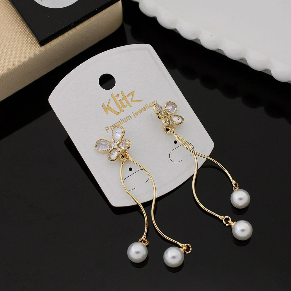 Klitz Shimmering Crystal Stone Butterfly Shape And Pearl Dangler Earrings