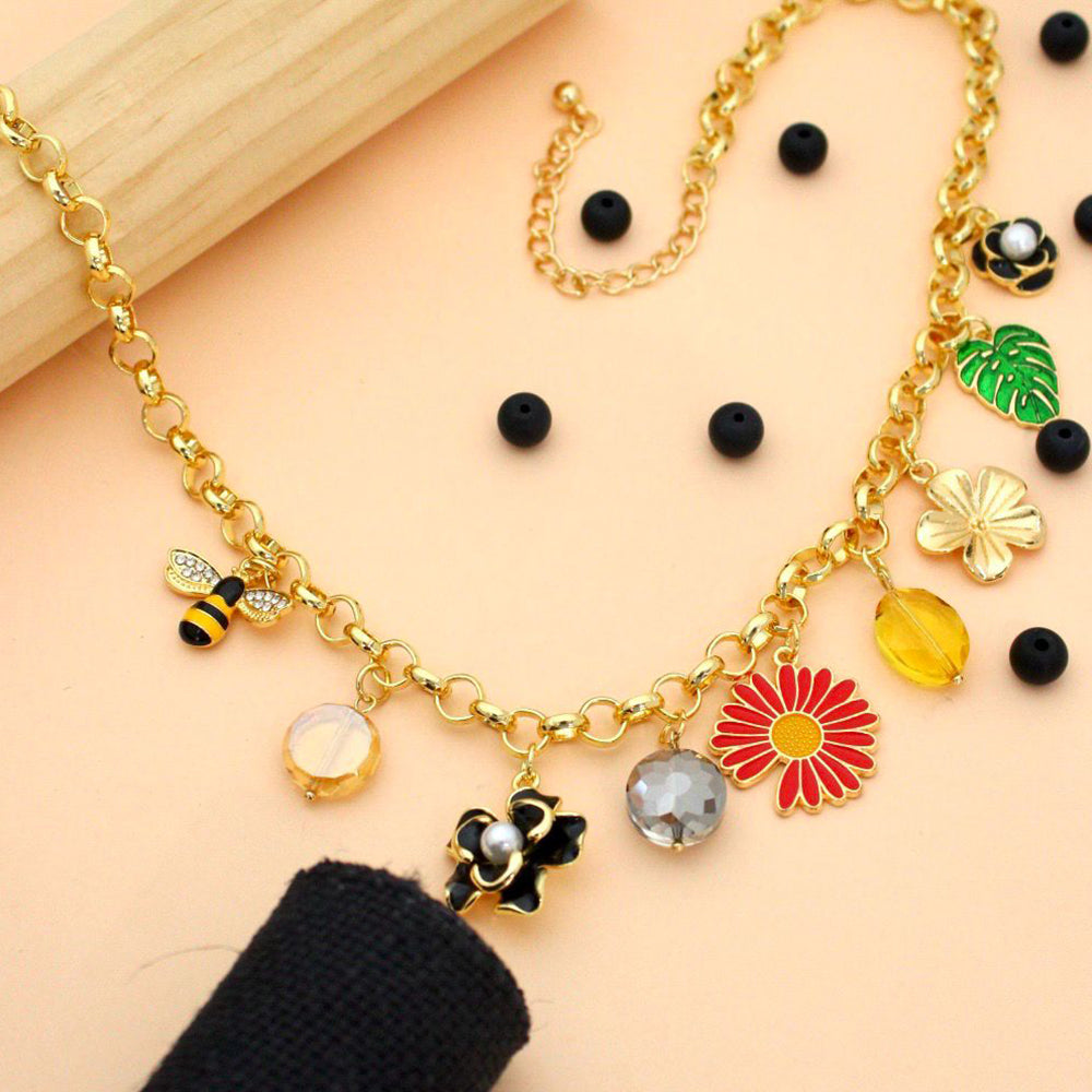 Klitz Trendy Floral & Bee Charm Necklace for Women(Pack of 12)