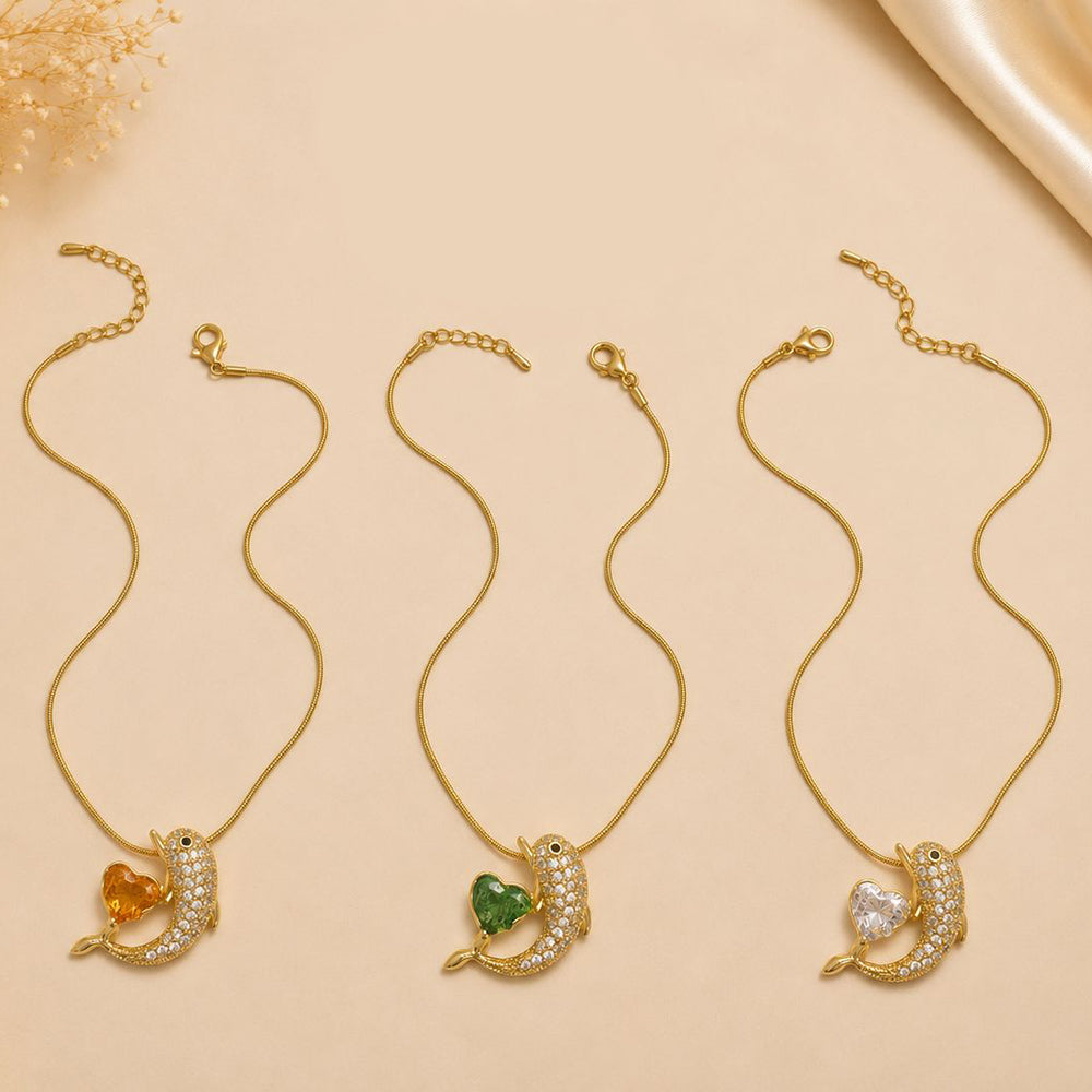 Klitz Fancy Stainless Steel Crystal Stone Dolphin Shape Necklace Set (Pack of 12)