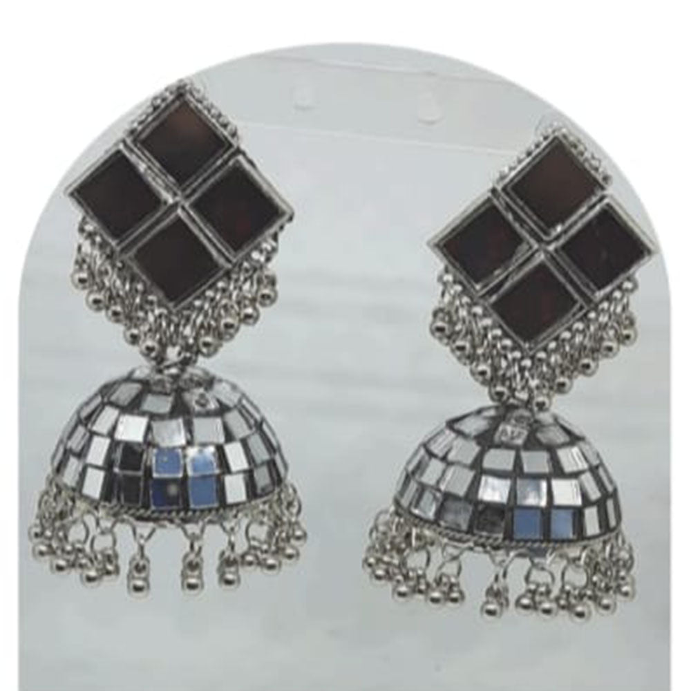 Dhirish International Heritage Oxidised Plated Mirror Jhumki Earrings