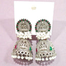 Dhirish International Heritage Oxidised Plated Pota Stone And Pearl Temple Jhumki Earrings
