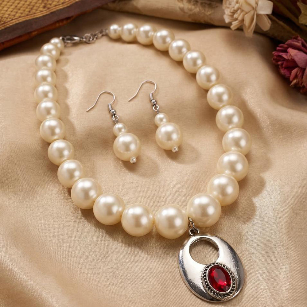 Dhirish International Pota Stone Beaded Necklace With Earrings