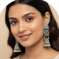 Dhirish International Heritage Oxidised Plated Meenakari Pearl Jhumki Earrings