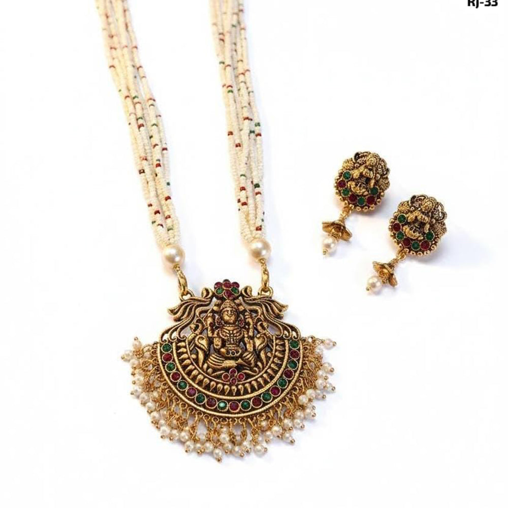 Dhirish International Traditional Pota Stone And Pearl Temple Necklace Set