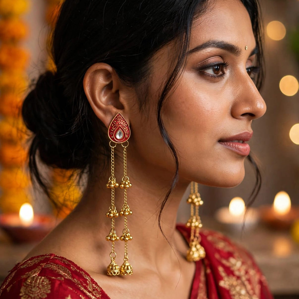 Dhirish International Pota Stone And Pearl Kashmiri Designer Jhumkis Earrings