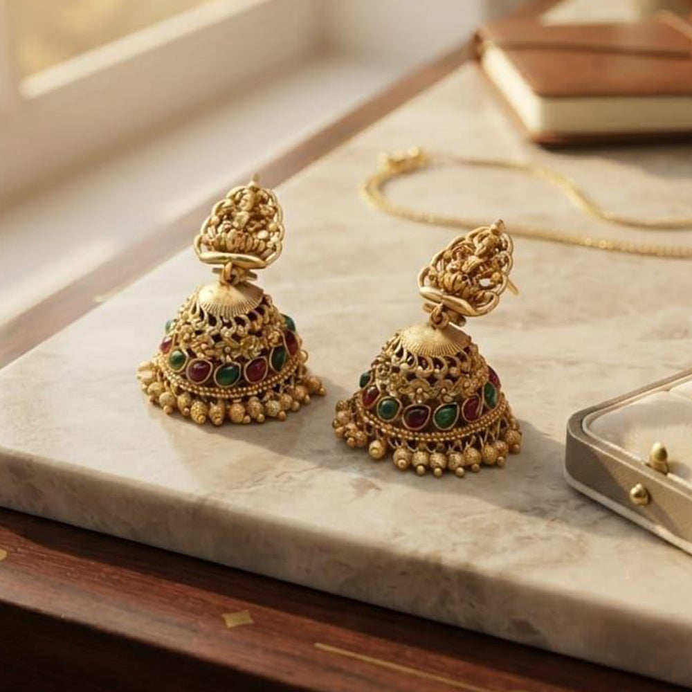 Dhirish International Premium Festive Pota Stone And Pearl Temple Jhumki Earrings