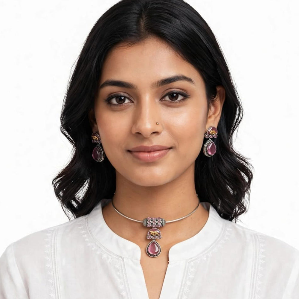 Dhirish International Statement Oxidised Plated Pota Stone Choker Necklace Set 