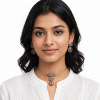 Dhirish International Statement Oxidised Plated Pota Stone Choker Necklace Set 