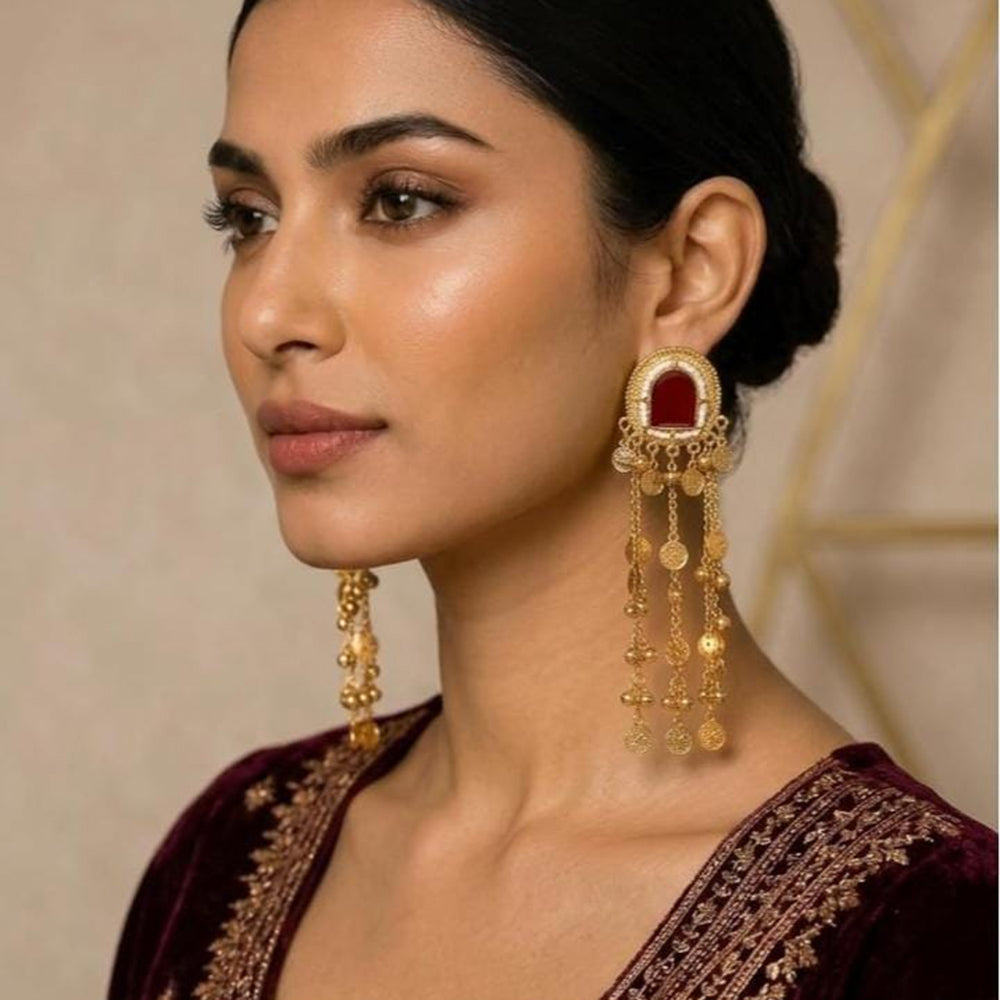 Dhirish International Classic Pota Stone And Pearl Kashmiri Dangler Earrings