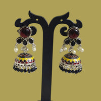 Pusti Art & Craft Multi Color Pota Stone Meenakari Oxidised Plated Jhumki Earrings
