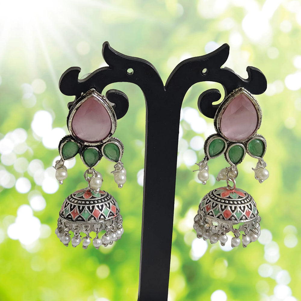 Pusti Art & Craft Multi Color Pota Stone Meenakari Oxidised Plated Jhumki Earrings