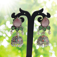 Pusti Art & Craft Multi Color Pota Stone Meenakari Oxidised Plated Jhumki Earrings