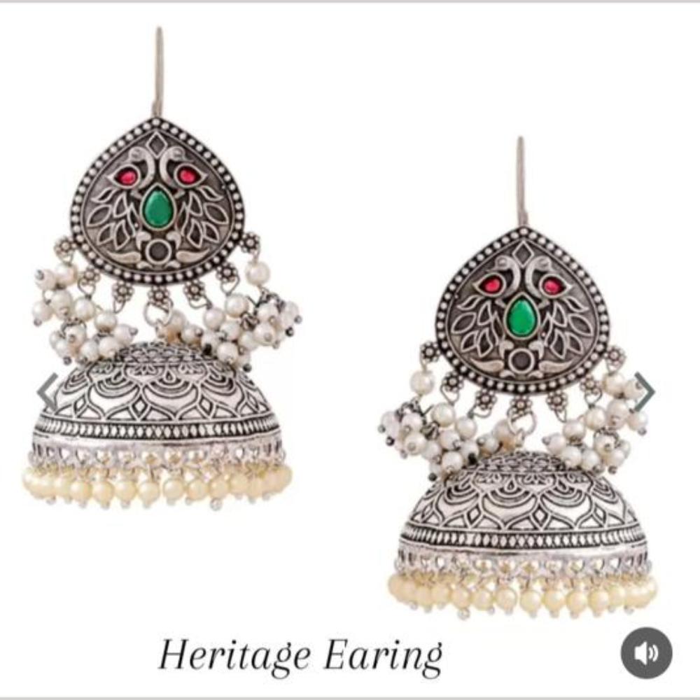 Pusti Art & Craft Multi Color Pota Stone And Pearl Oxidised Plated Jhumki Earrings