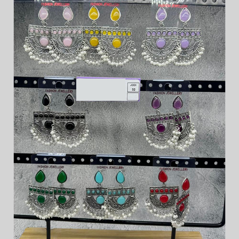 Raj Imitation Oxidised Plated Pota Stone And Pearl Premium Dangler Earrings for Women (Pack of32)