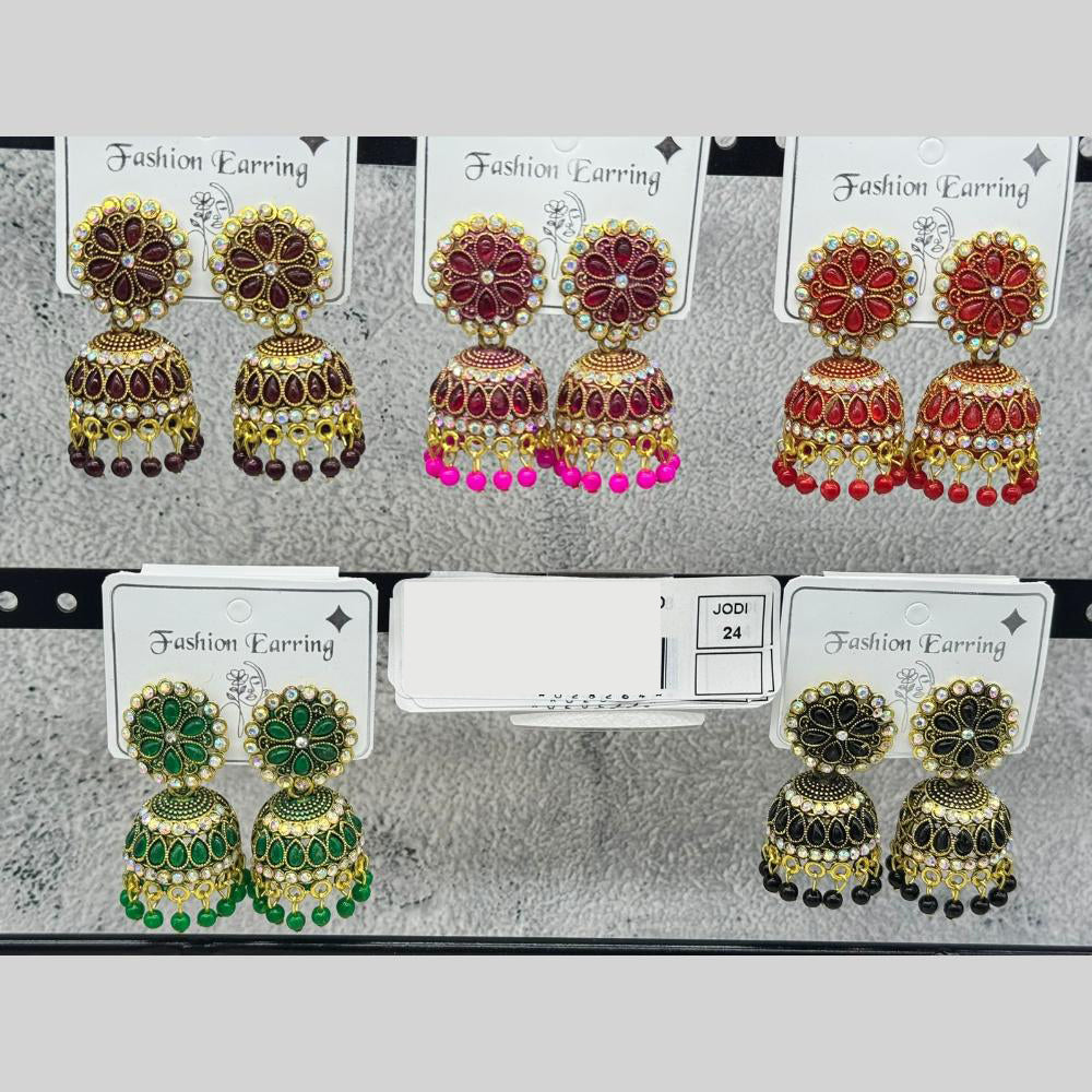 Raj Imitation Traditional Pota Stone And Austrian Pearl Jhumki Earrings for Women (Set of 24)