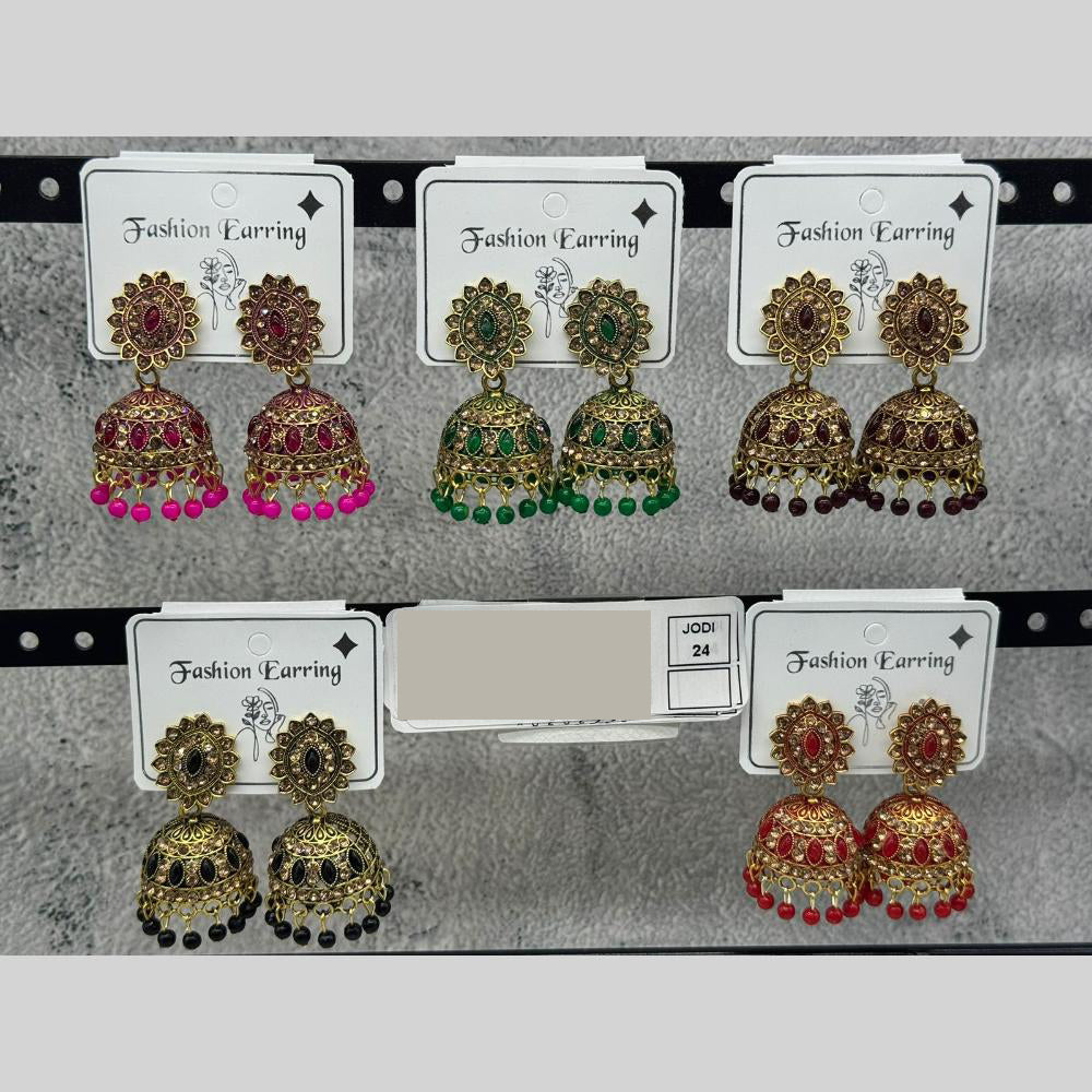 Raj Imitation Traditional Pota Stone And Austrian Pearl Jhumki Earrings for Women (Set of 24)