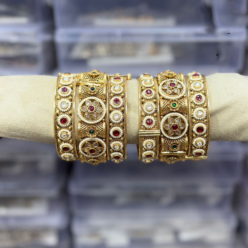 Tanish Art Jewellery Pota Stone And Pearl Royal Openable Bangles Set