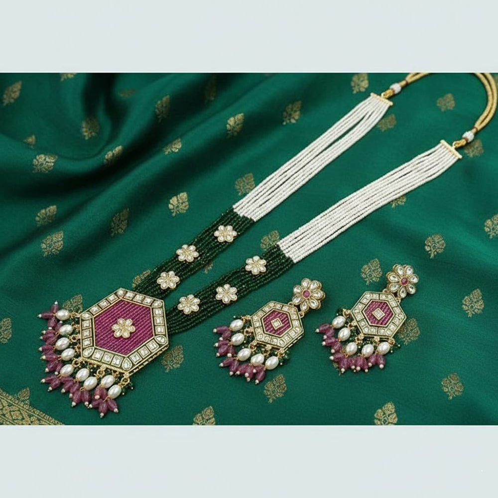Tanish Art Jewellery Sparkling Crystal Stone Pearl And Beads Long Necklace Set