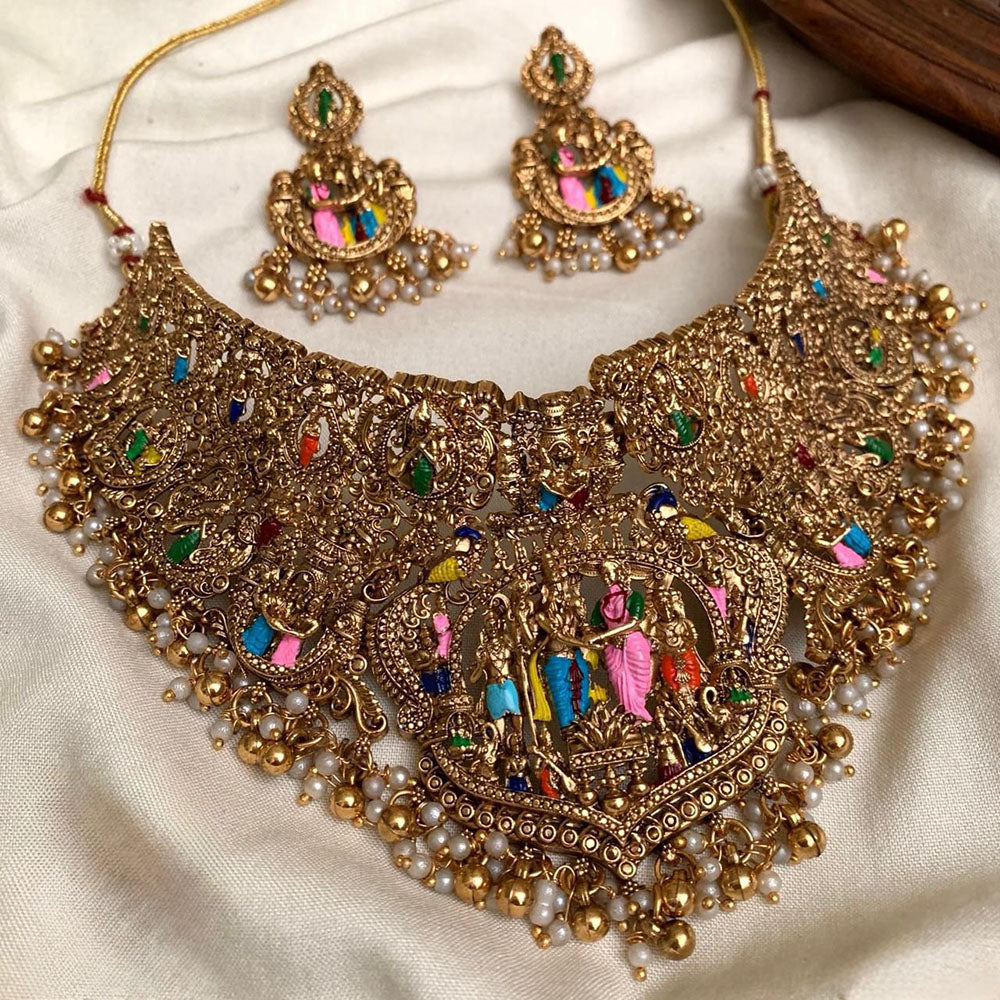 Tanish Art Jewellery Pearl And Beads Heritage Meenakari Temple Choker Necklace Set 