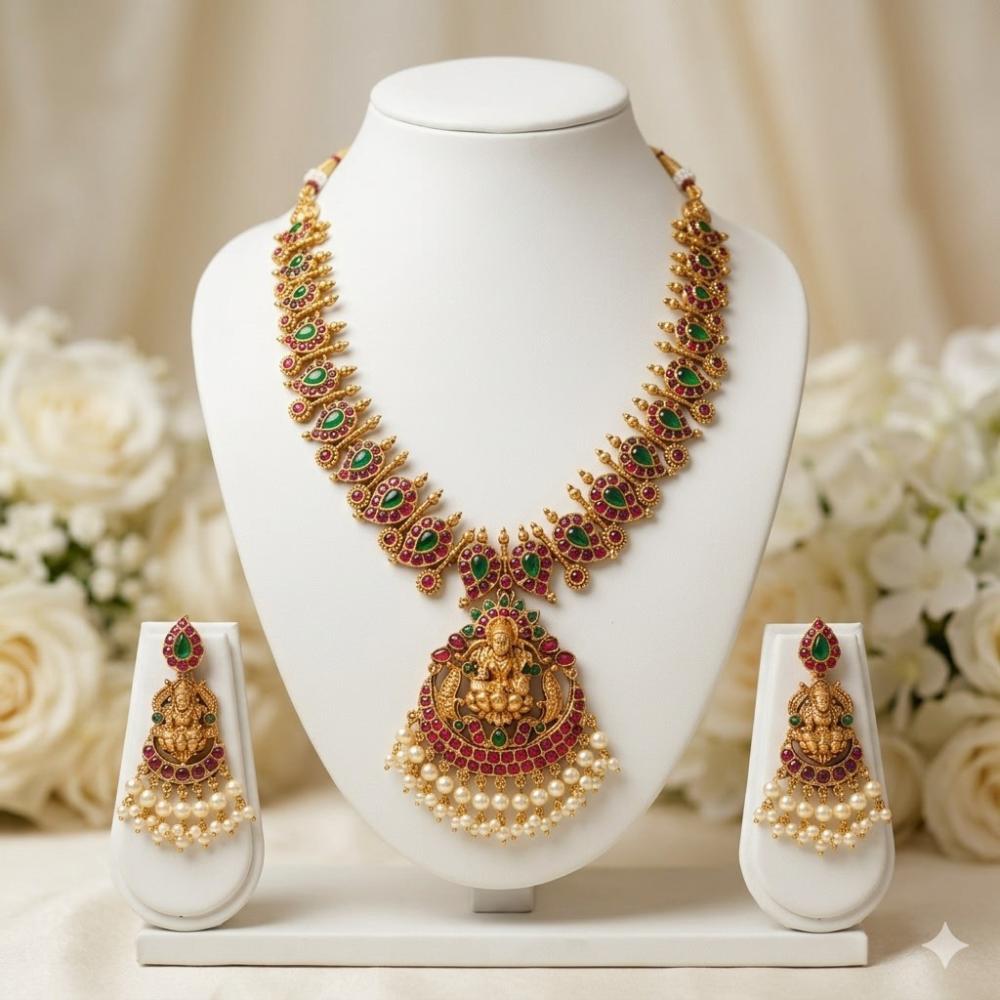 Tanish Art Jewellery Pota Stone And Pearl Temple Necklace Set