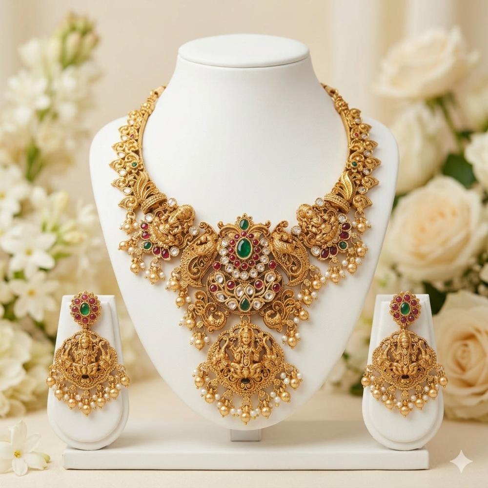 Tanish Art Jewellery Pota Stone And Pearl Temple Designer Necklace Set