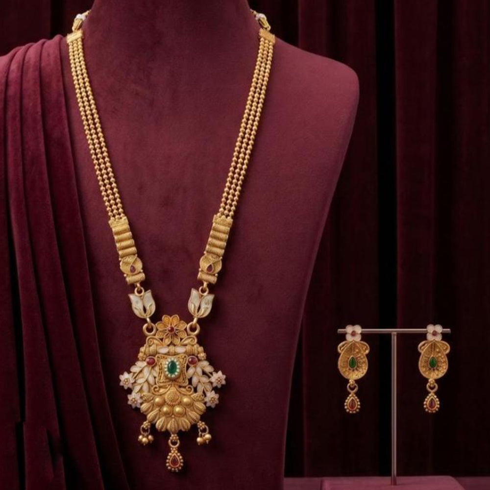 Tanish Art Jewellery Statement Pota Stone And Pearl Meenakari Long Neckalce Set