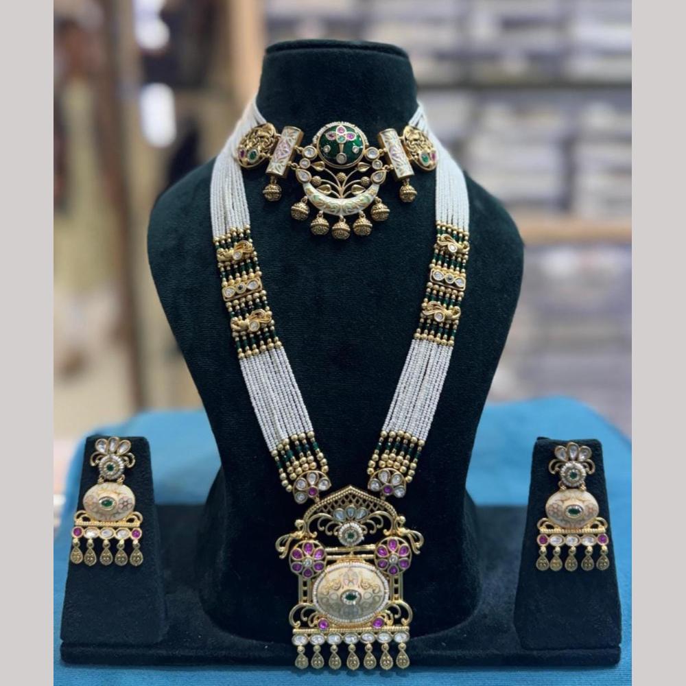 Tanish Art Jewellery Statement Pota Stone And Pearl Meenakari Double Neckalce Set
