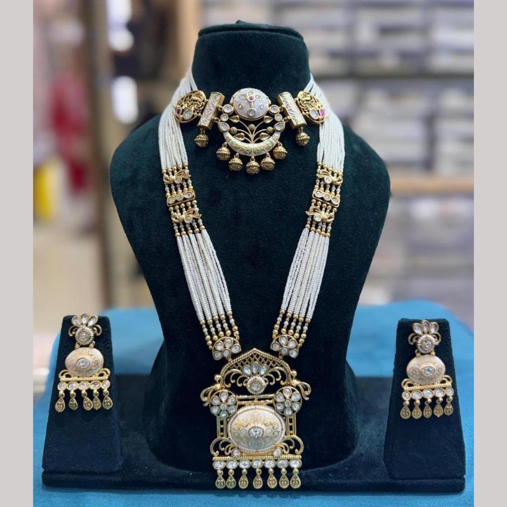 Tanish Art Jewellery Statement Pota Stone And Pearl Meenakari Double Neckalce Set