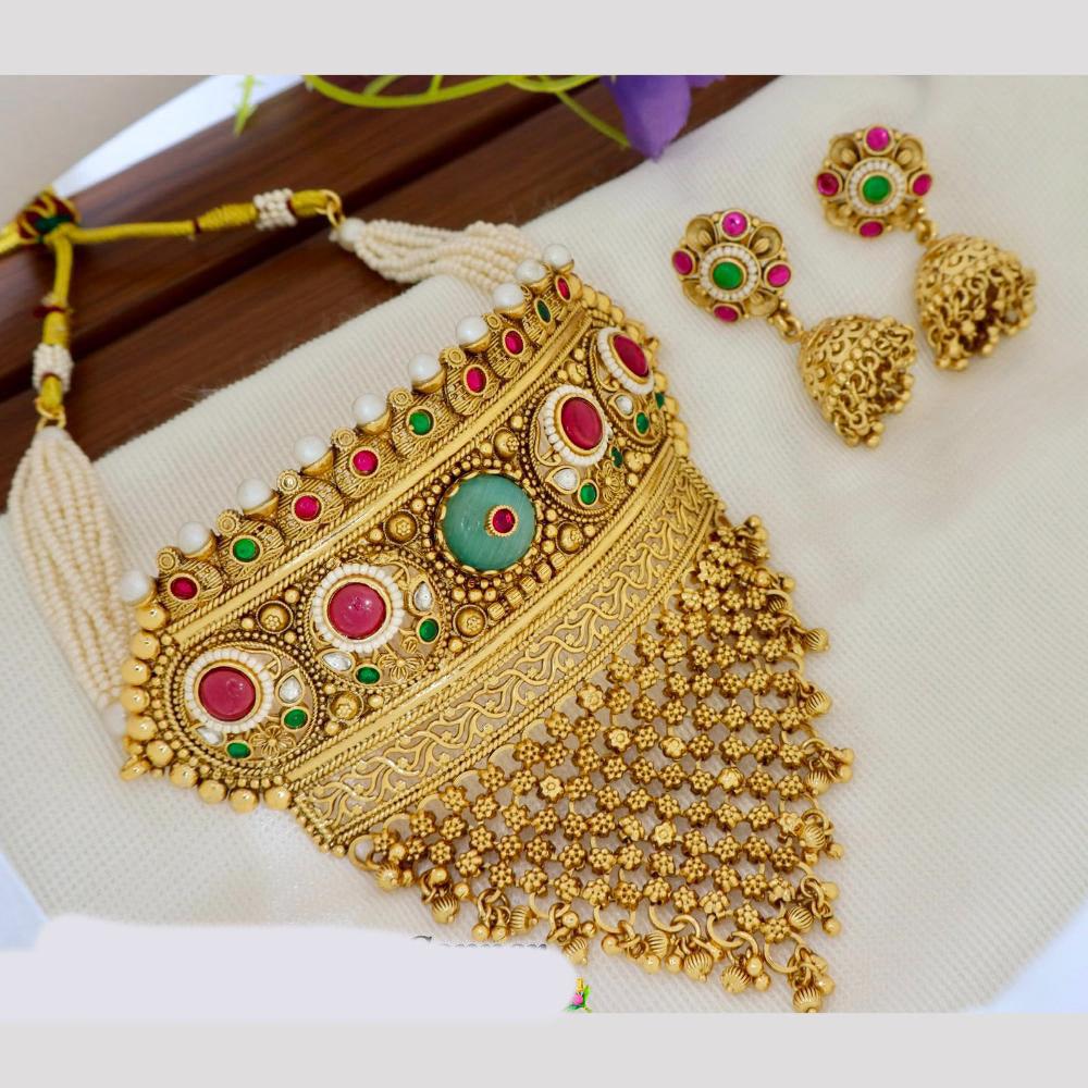 Tanish Art Jewellery Statement Pota Stone And Pearl Choker Neckalce Set