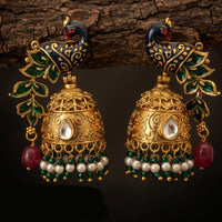 Tanish Art Jewellery Premium Copper Peacock Pota Stone And Pearl Jhumki Earrings 