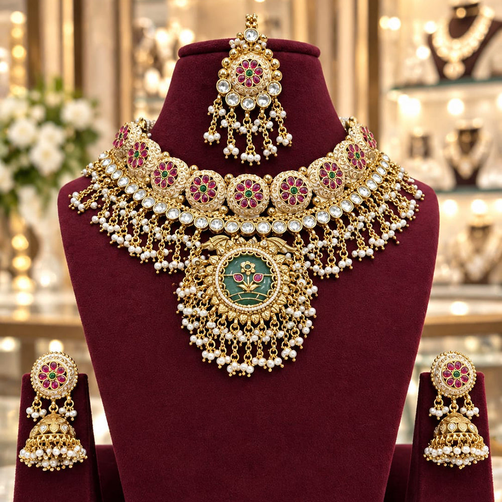 Tanish Art Jewellery Traditional Pota Stone And Pearl Choker Necklace Set