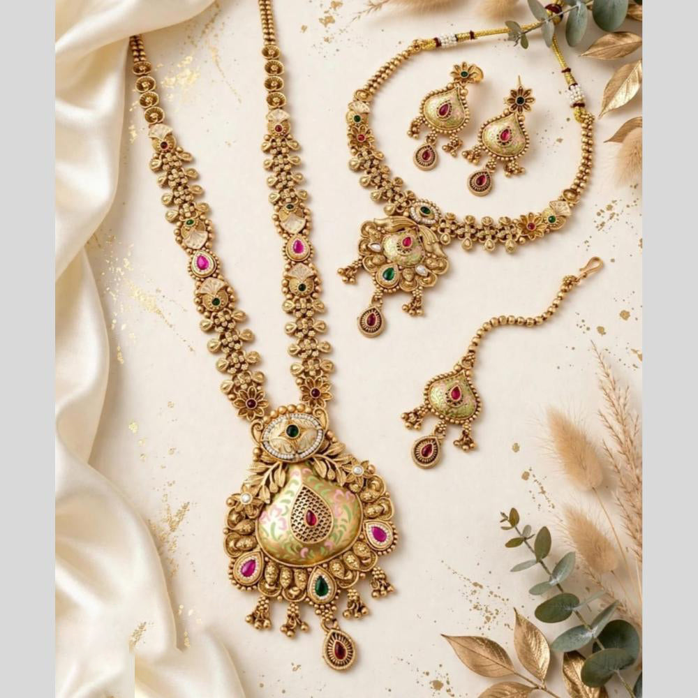 Tanish Art Jewellery Traditional Pota Stone And Beads Meenakari Double Necklace Set